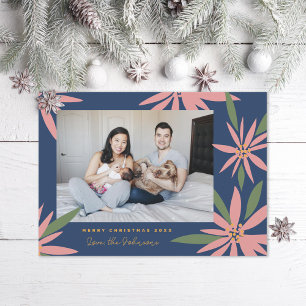 Vintage Poinsettias Navy Blue Pink Christmas Photo Holiday Card