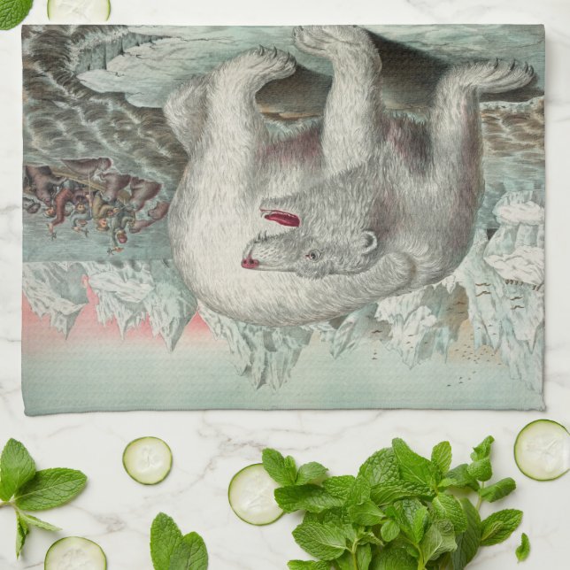 Vintage polar bear iceberg winter illustration tea towel (Folded)