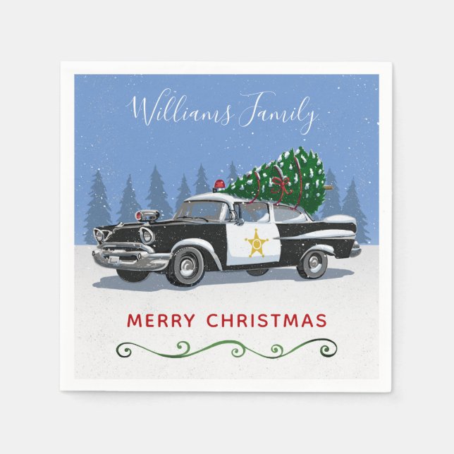 Vintage Police Car Christmas Tree Monogram Napkin (Front)