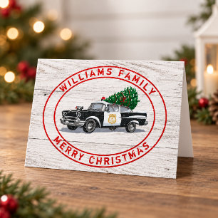 Vintage Police Car Merry Christmas Family Name Holiday Card