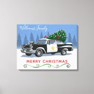 Vintage Police Car Merry Christmas Monogram Name Canvas Print