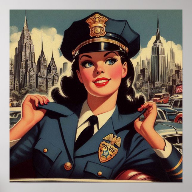 Vintage Police Girl Illustration Poster (Front)