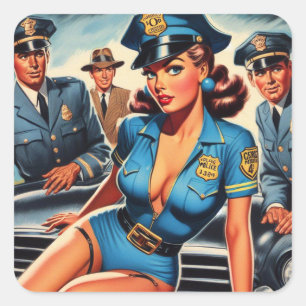 Vintage Police Pin-up Square Sticker