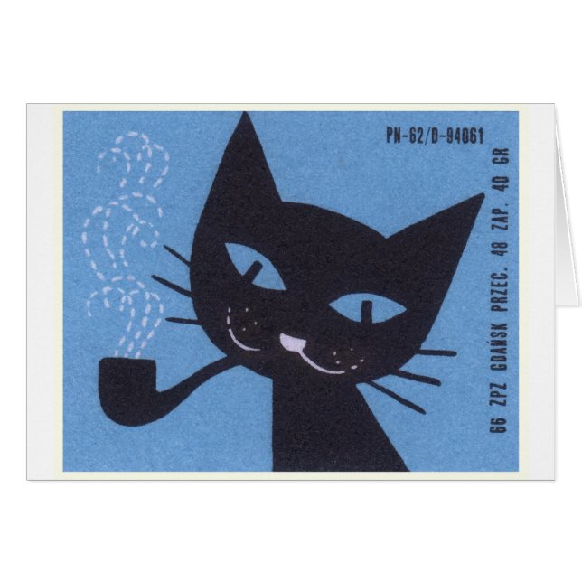 Vintage Polish Matchbox Label Cat Smoking Pipe (Front Horizontal)