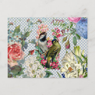 Vintage polka dots bird colourful flowers postcard