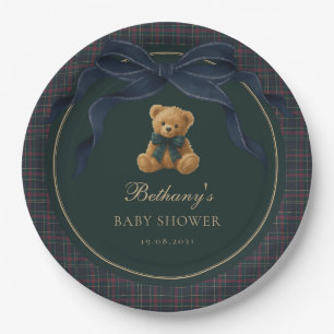 Vintage Polo Plaid Teddy Bear Navy Bow Paper Plate