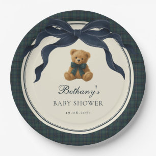Vintage Polo Plaid Teddy Bear Navy Bow Paper Plate