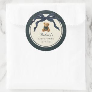 Vintage Polo Teddy Bear Navy Blue Bow Plaid Classic Round Sticker