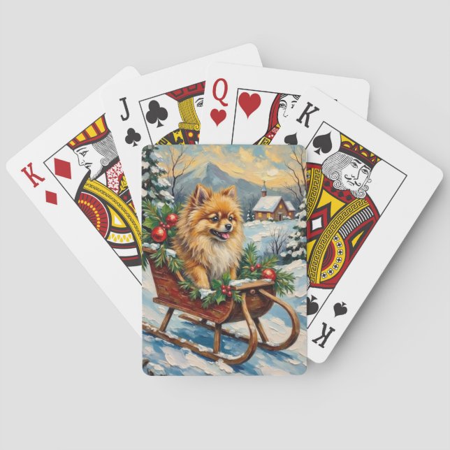 Vintage Pomeranian in Wooden Christmas Sleigh Playing Cards (Back)
