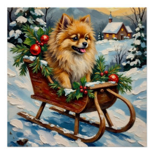 Vintage Pomeranian in Wooden Christmas Sleigh Poster
