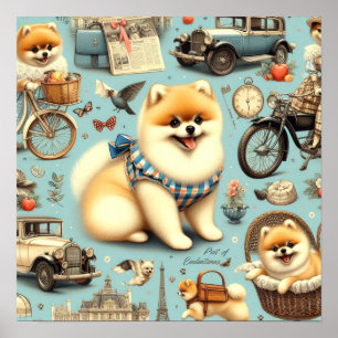 Vintage Pomeranian Seamless Illustration Poster
