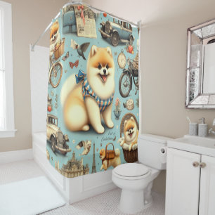 Vintage Pomeranian Seamless Illustration Shower Curtain