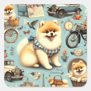 Vintage Pomeranian Seamless Illustration Square Sticker