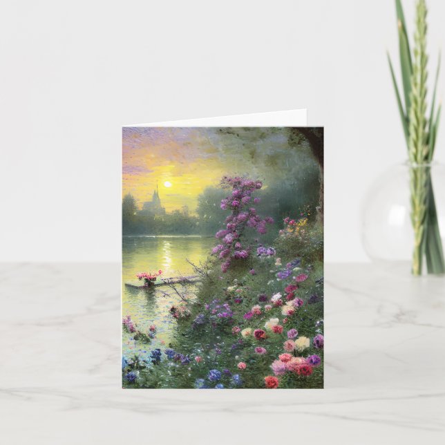 Vintage pond and flowers customisable card (Front)