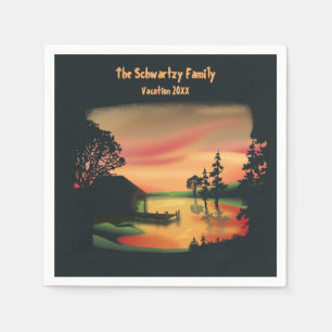 Vintage pond sunset pontoon escape green red napkin