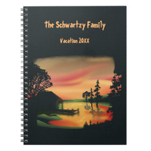 Vintage pond sunset pontoon escape green red notebook