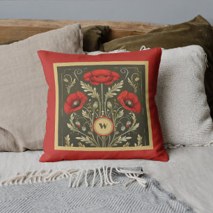 Vintage Poppies Gold Red Art Nouveau Monogram Cushion
