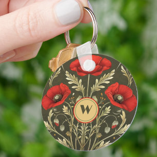 Vintage Poppies Gold Red Art Nouveau Monogram Key Ring