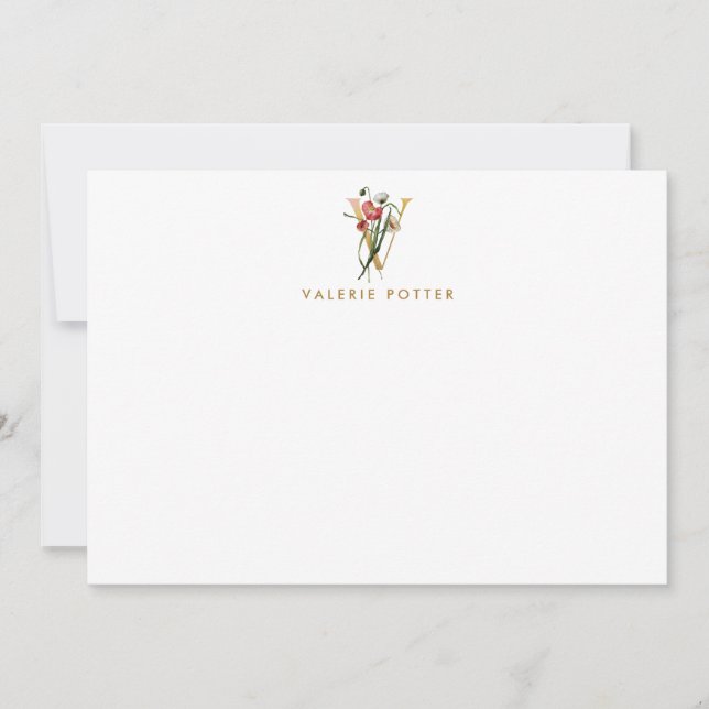 Vintage Poppies Monogram Gold Letter V Note Card (Front)