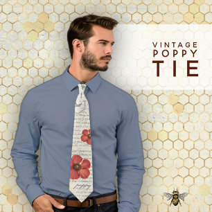 Vintage Poppy Illustration on Newsprint  Tie