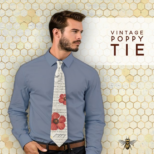Vintage Poppy Illustration on Newsprint  Tie (Vintage Poppy Illustration on Newsprint Neck Tie)