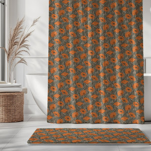 Vintage Poppy in Orange Sage Olive Green Beige Shower Curtain