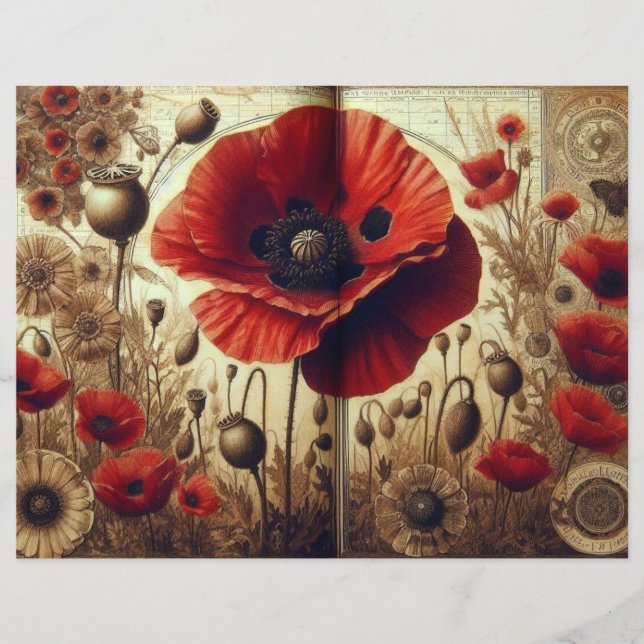 Vintage Poppy Scrapbook Paper – Shabby Chic Floral (Front)