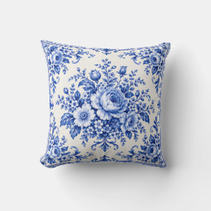 Vintage Porcelain Elegance Blue Floral Cushion