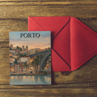 Vintage Porto Portugal City Illustration Travel Postcard