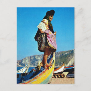 Vintage Portugal, Nazare, girl on a fishing boat Postcard