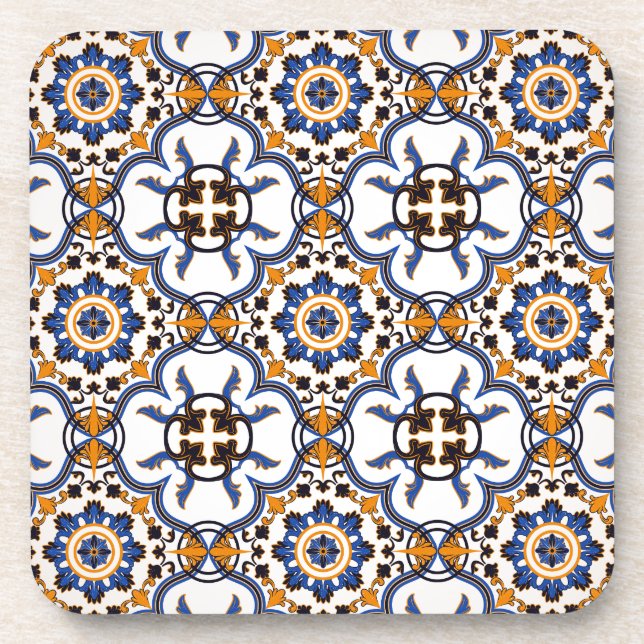 Vintage Portuguese Azulejo Blue Yellow Pattern Coaster (Front)