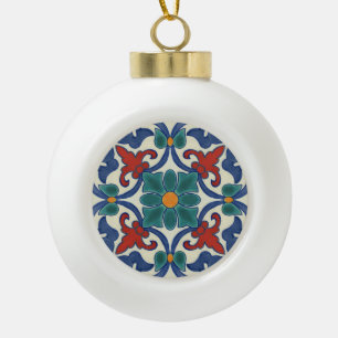 Vintage Portuguese Azulejos Tile Pattern Ceramic Ball Christmas Ornament