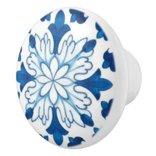 Vintage Portuguese Blue Azulejos Tile Pattern Ceramic Knob