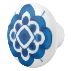 Vintage Portuguese Blue Azulejos Tile Pattern Ceramic Knob