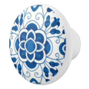 Vintage Portuguese Blue Azulejos Tile Pattern Ceramic Knob