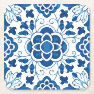 Vintage Portuguese Blue Azulejos Tile Pattern Square Paper Coaster