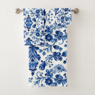 Vintage Portuguese Blue Floral Tile Bath Towel Set