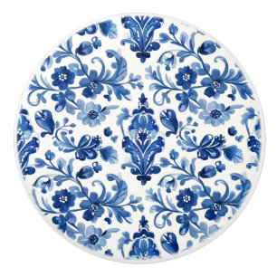 Vintage Portuguese Blue Floral Tile Ceramic Knob