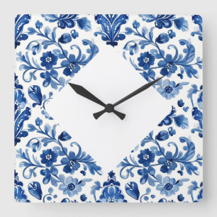 Vintage Portuguese Blue Floral Tile Square Wall Clock