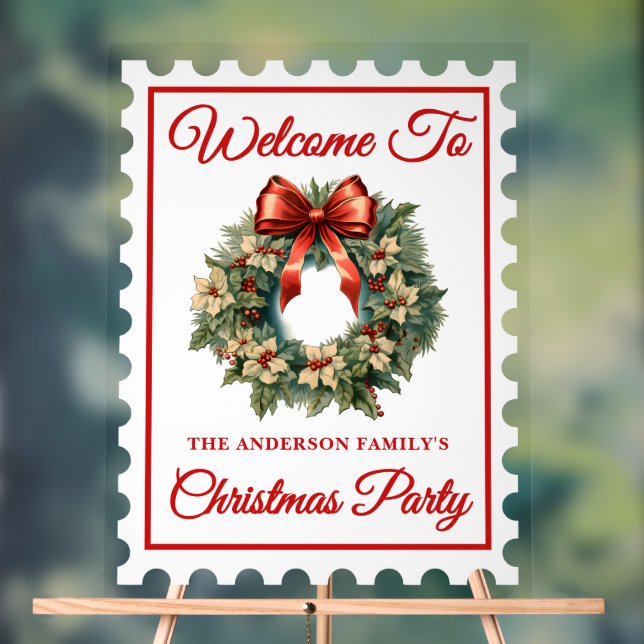 Vintage Postage Stamp Christmas Party Welcome Acrylic Sign (Neutral)