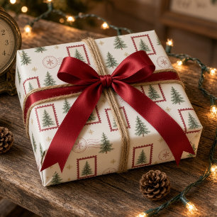 Vintage Postage Stamp Christmas Tree Postal Wrapping Paper
