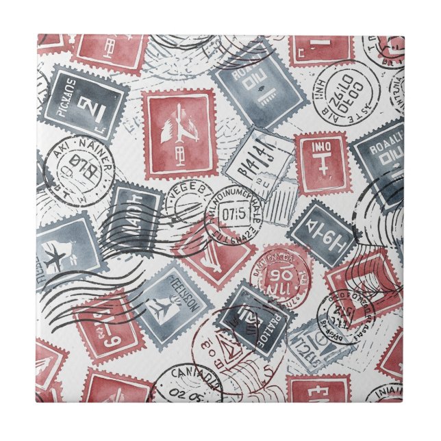 Vintage Postage Stamp Collage Pattern (1) Ceramic Tile (Front)