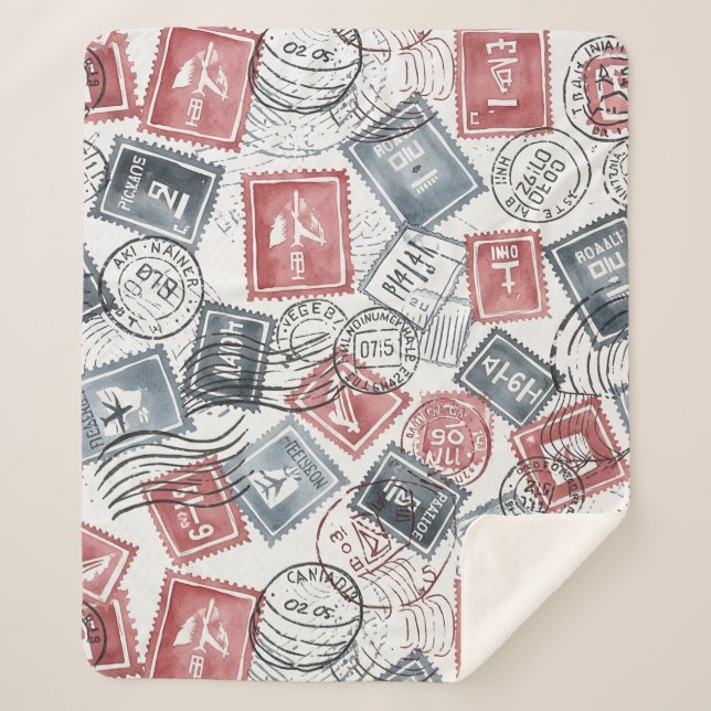 Vintage Postage Stamp Collage Pattern (1) Sherpa Blanket (Front)