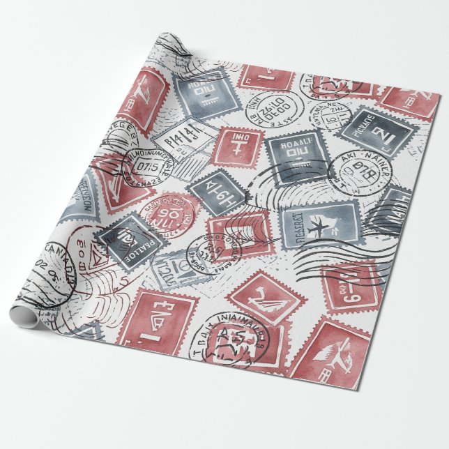 Vintage Postage Stamp Collage Pattern (1) Wrapping Paper (Unrolled)