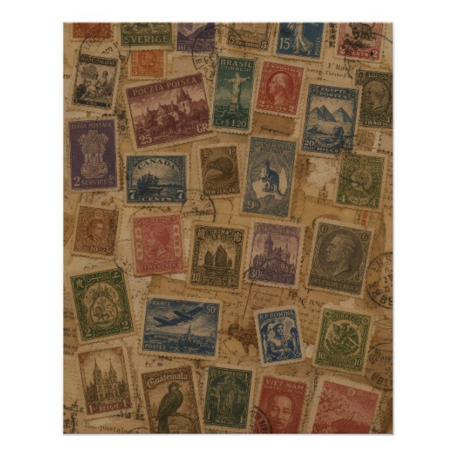 Vintage Postage Stamp Philatelic Ephemera Poster (Front)