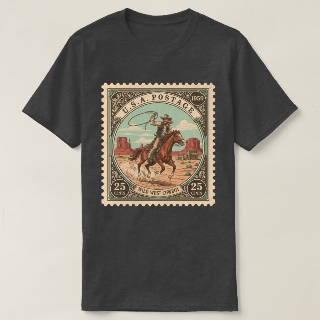  Vintage Postage Stamp Wild West Cowboy T-Shirt (Design Front)