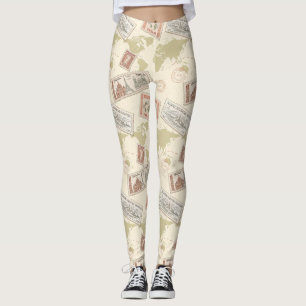Vintage Postage Stamp World Map Travel (1) Leggings