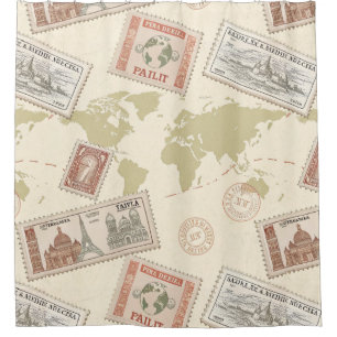 Vintage Postage Stamp World Map Travel (1) Shower Curtain