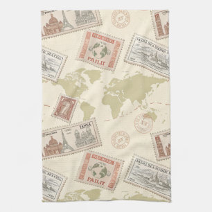 Vintage Postage Stamp World Map Travel (1) Tea Towel