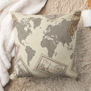 Vintage Postage Stamp World Map Travel (2) Cushion